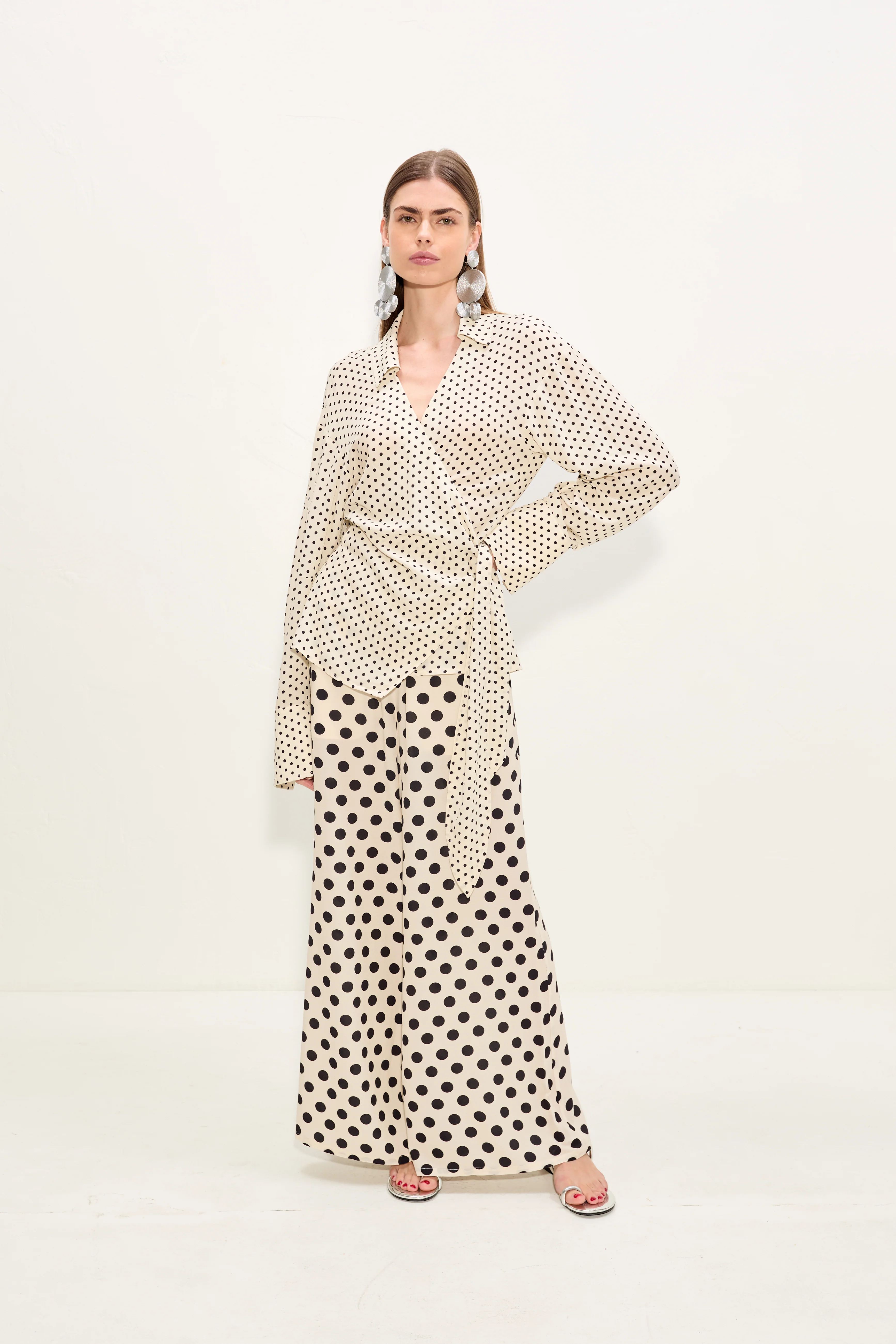 Anya Crepe Wrap Top In Macadamia/Black Polka Dot - Image 2