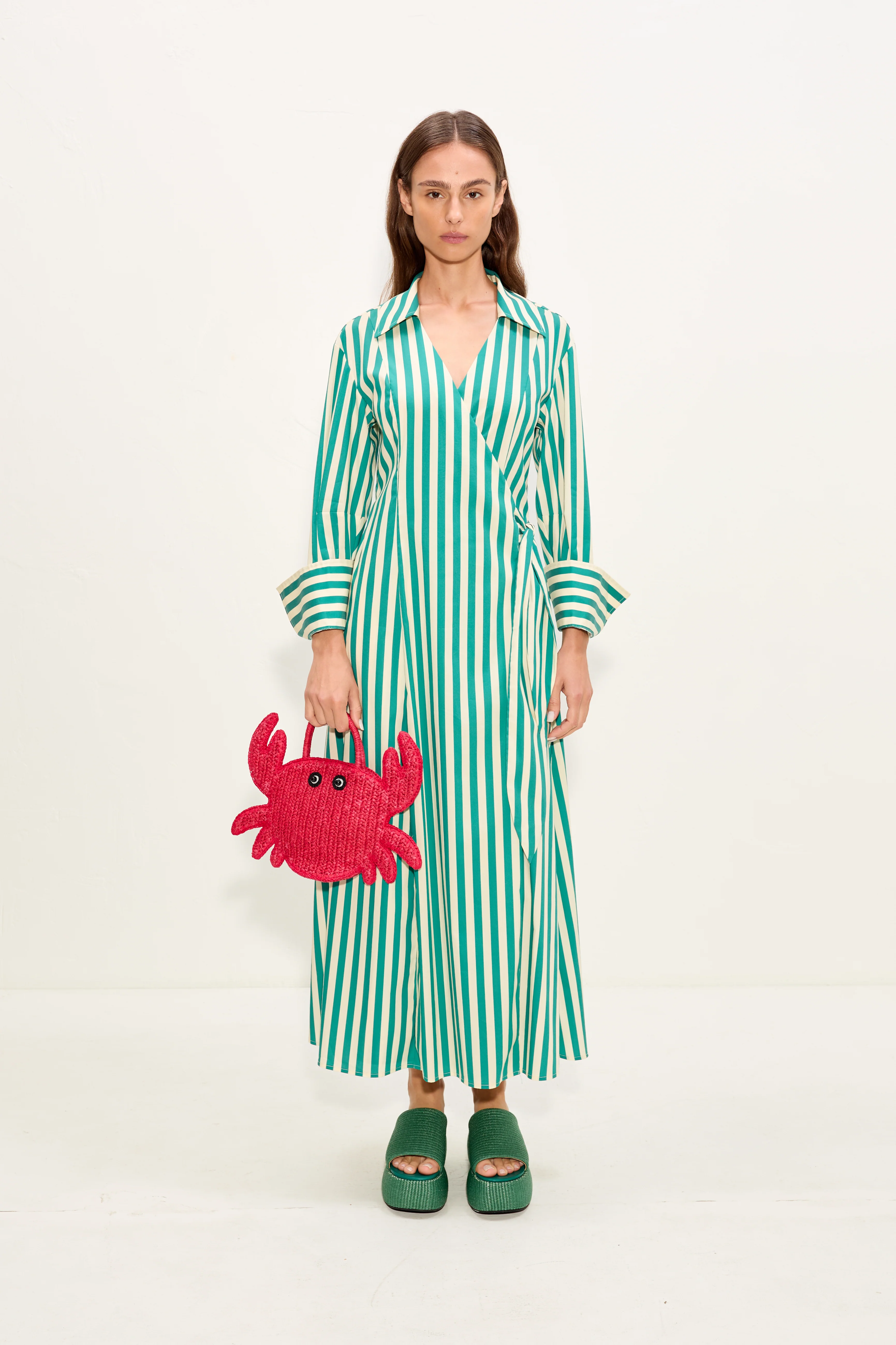 Anya Poplin Wrap Dress In Teal/Cream Stripe