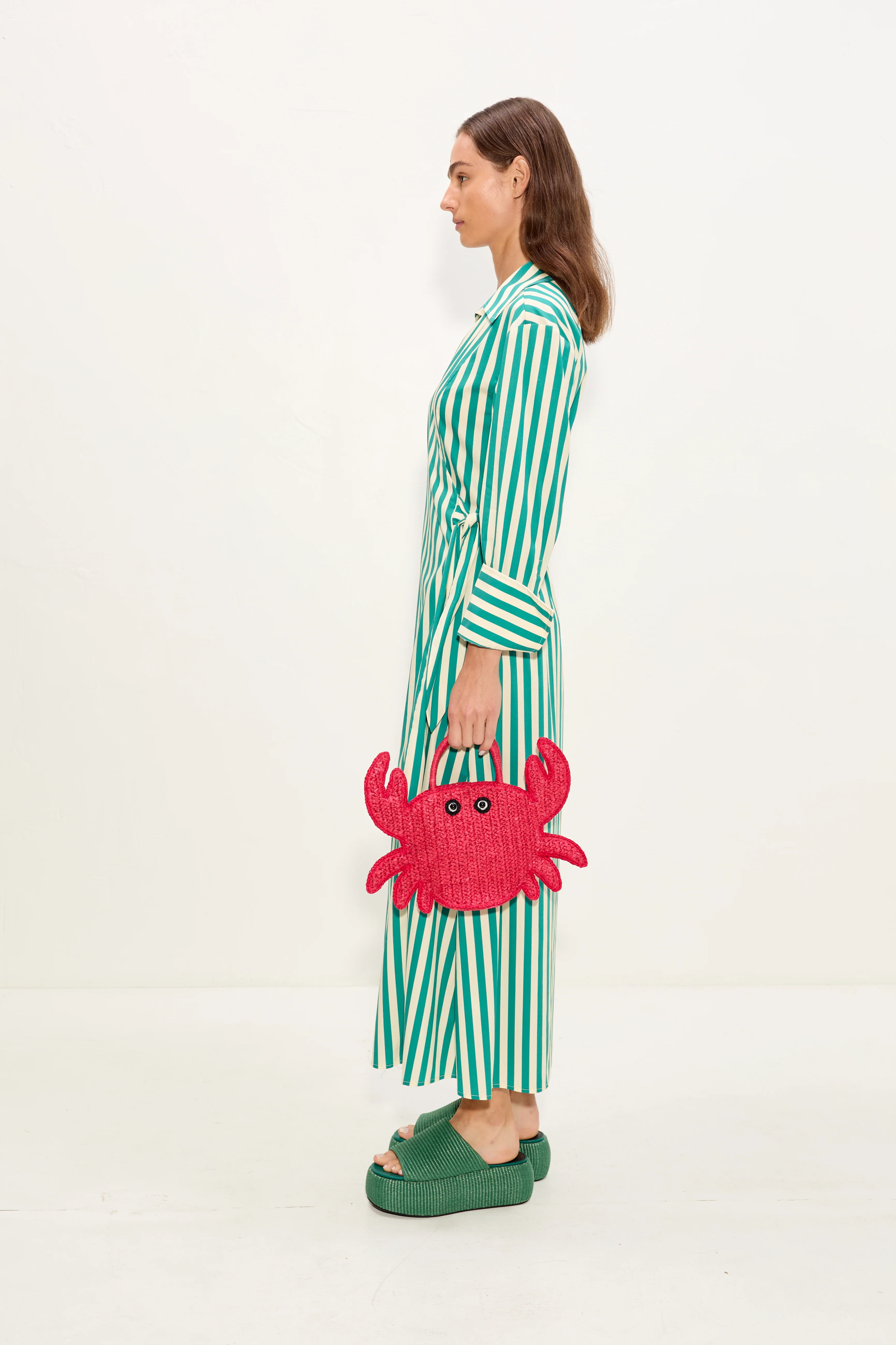 Anya Poplin Wrap Dress In Teal/Cream Stripe - Image 2