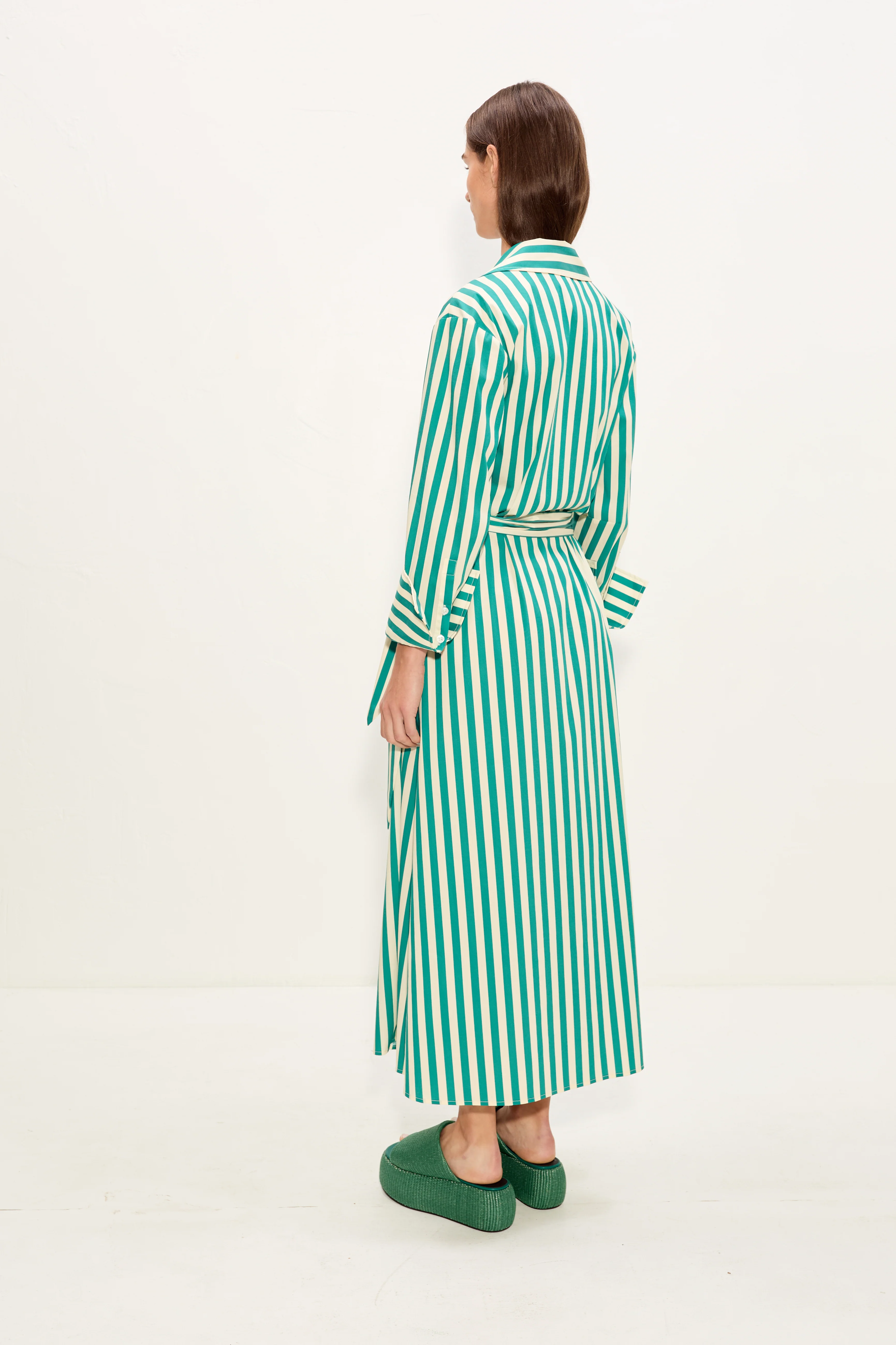 Anya Poplin Wrap Dress In Teal/Cream Stripe - Image 3