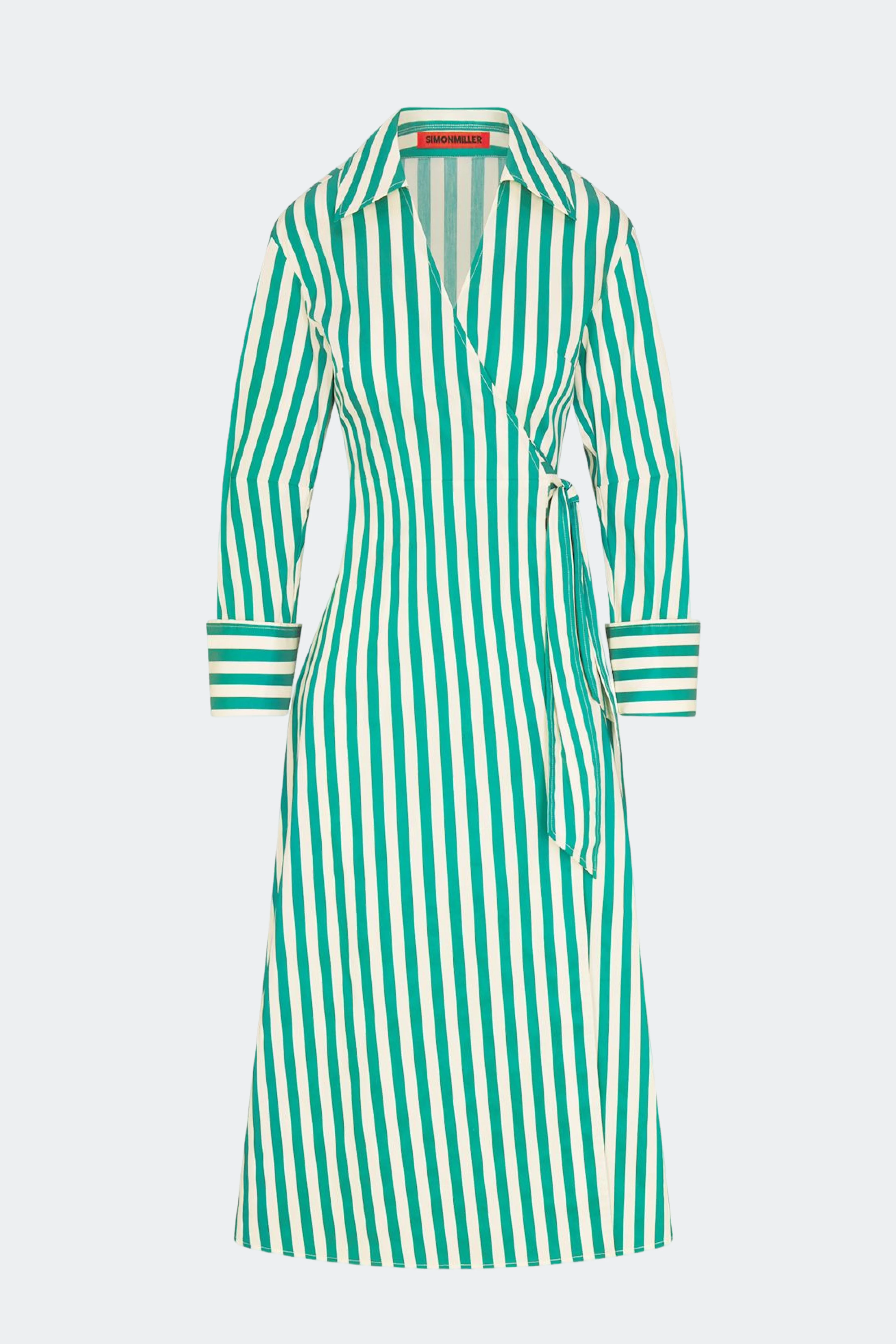Anya Poplin Wrap Dress In Teal/Cream Stripe - Image 4