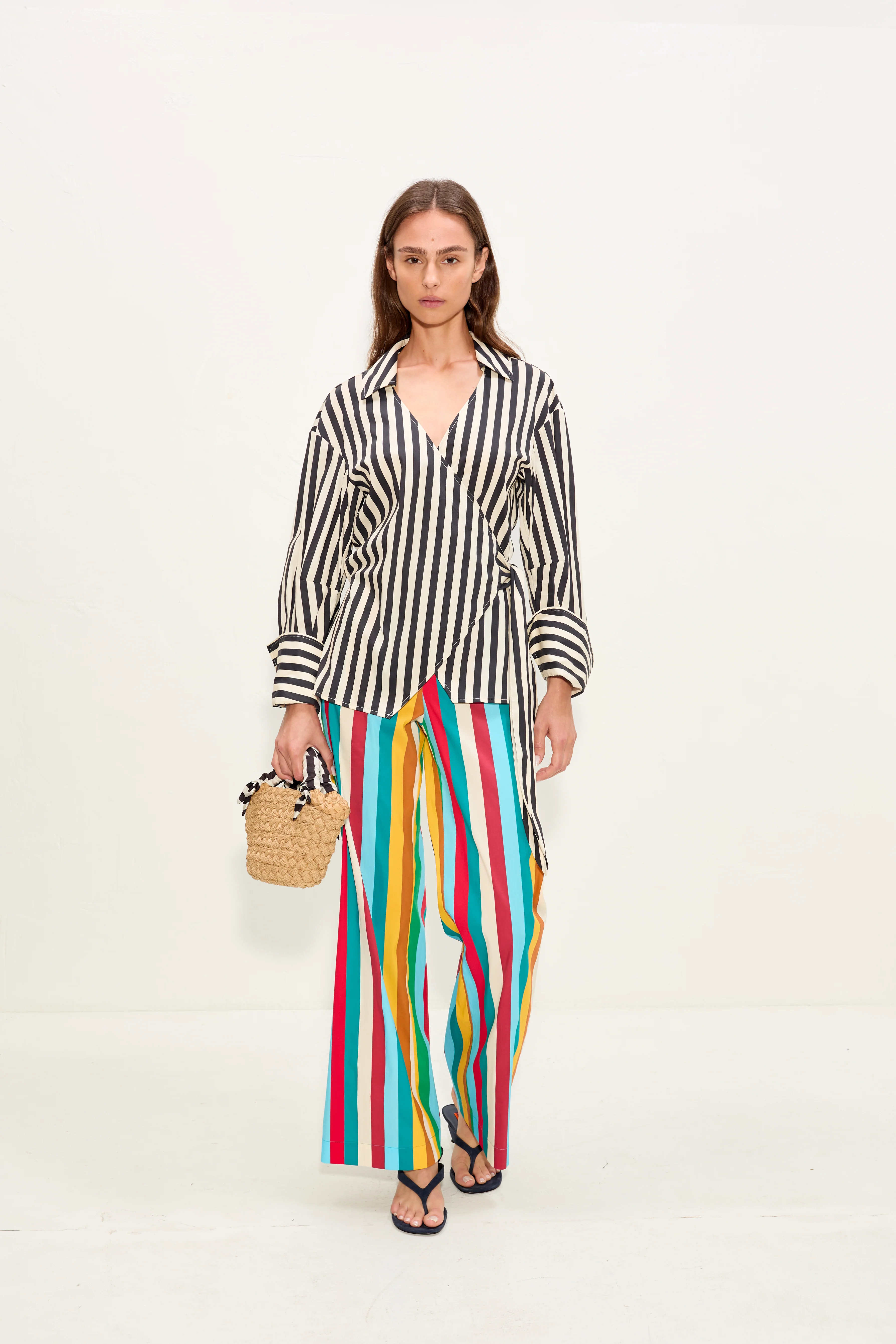 Anya Poplin Wrap Top In Black/White Stripe - Image 3