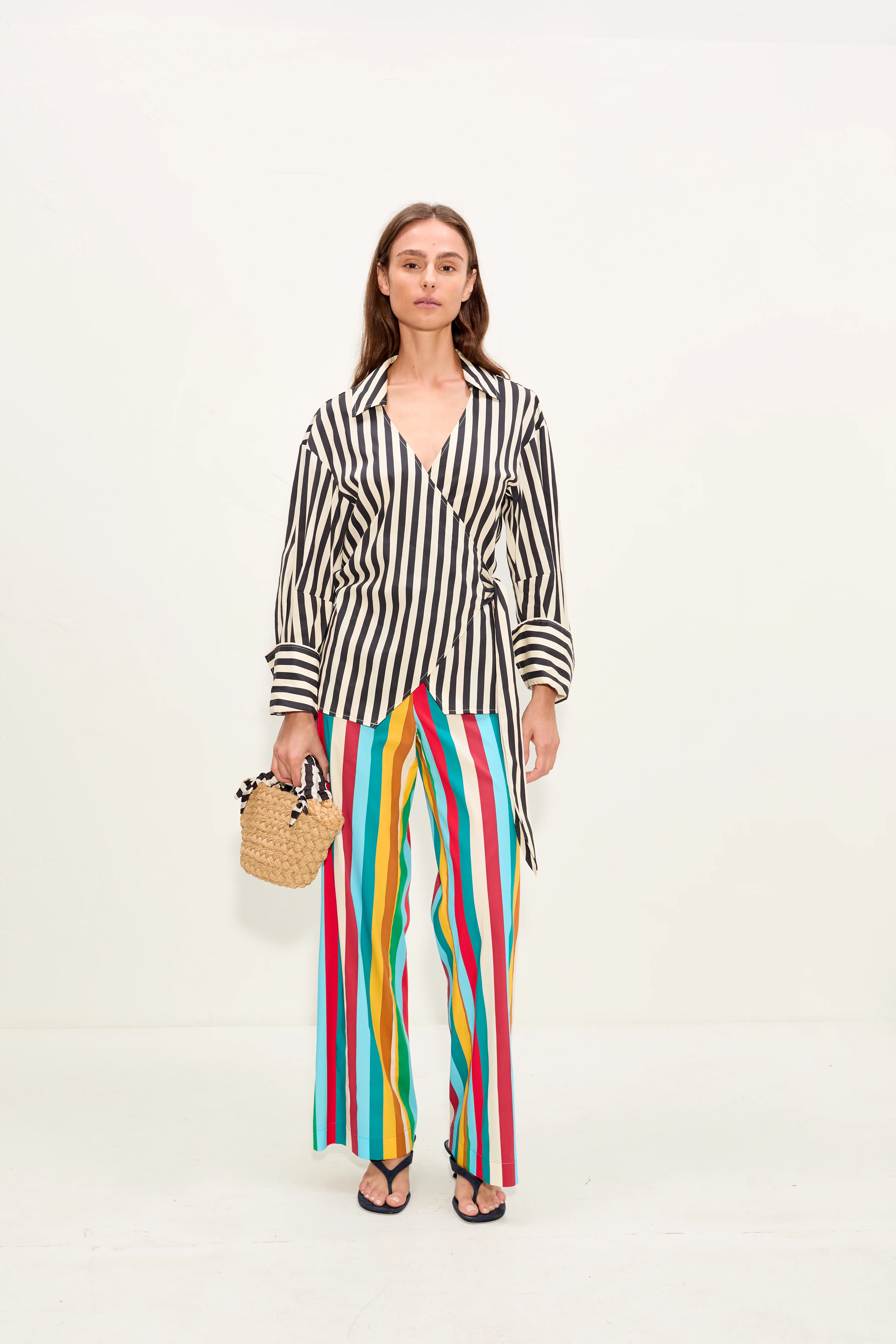 Anya Poplin Wrap Top In Black/White Stripe - Image 5