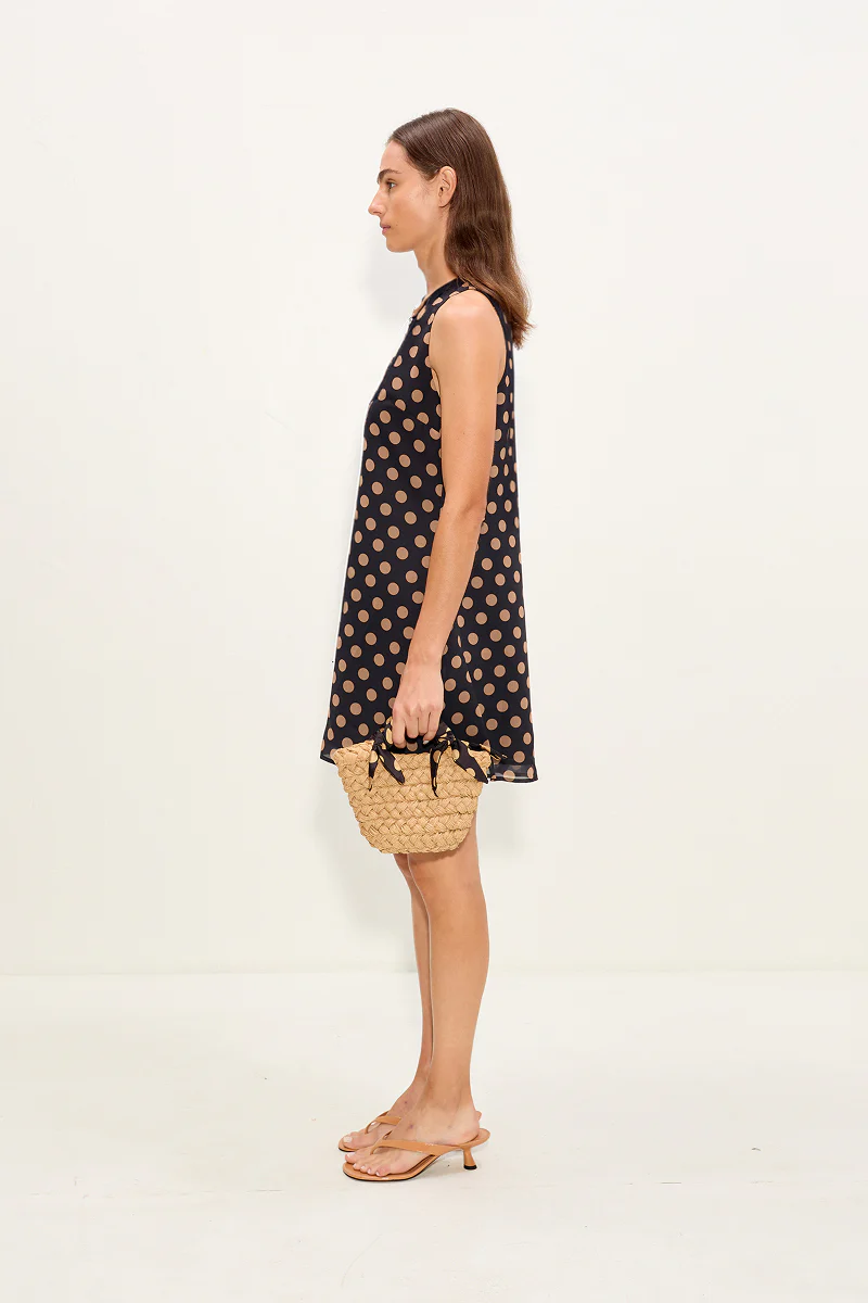 Gia Chiffon Mini Dress In Black/Tan Polka Dot - Image 3