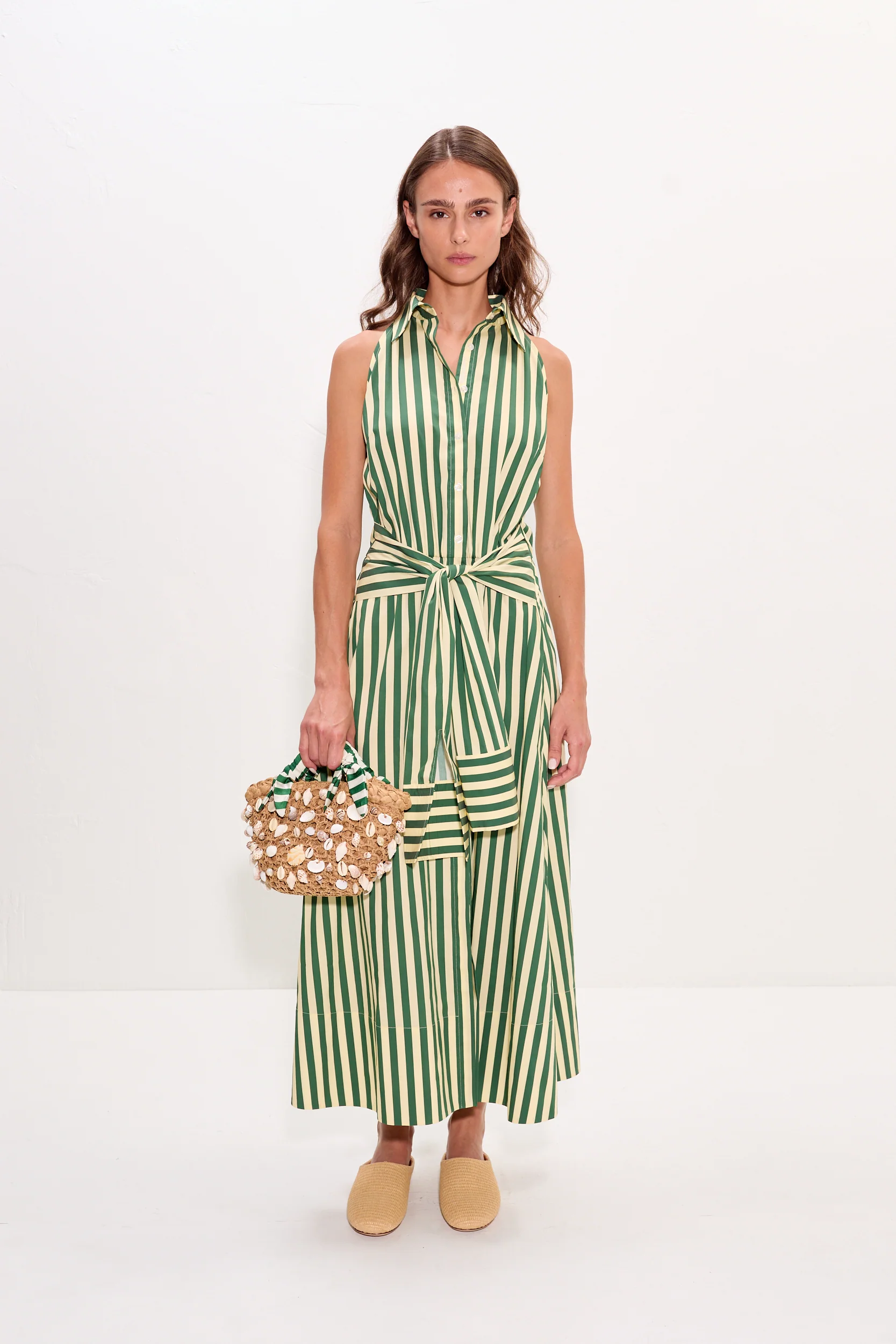 Inna Sleeveless Poplin Dress in Gummy Green/Ecru