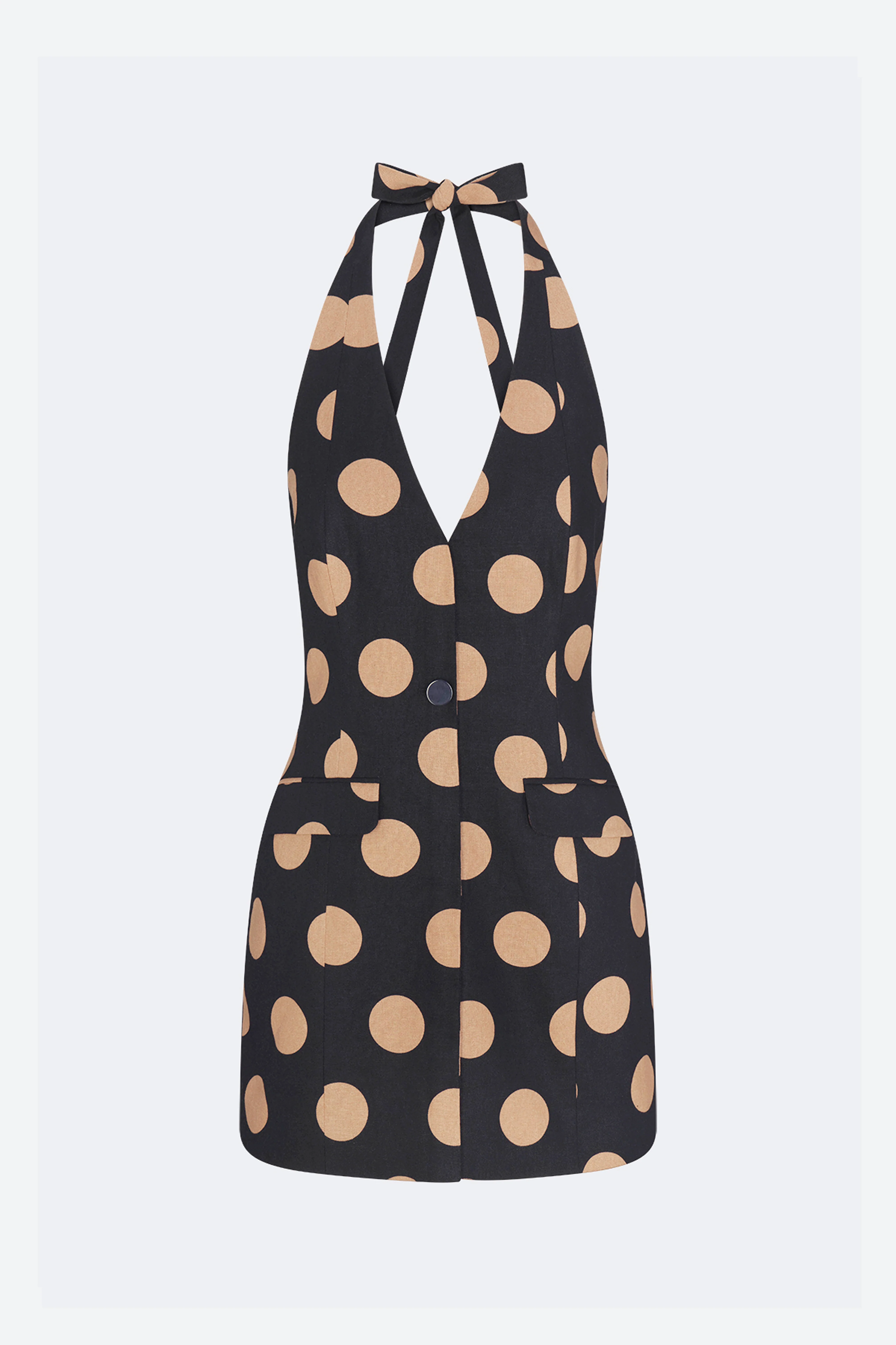Kirra Linen Mini Dress In Black/Tan Polka Dot - Image 3