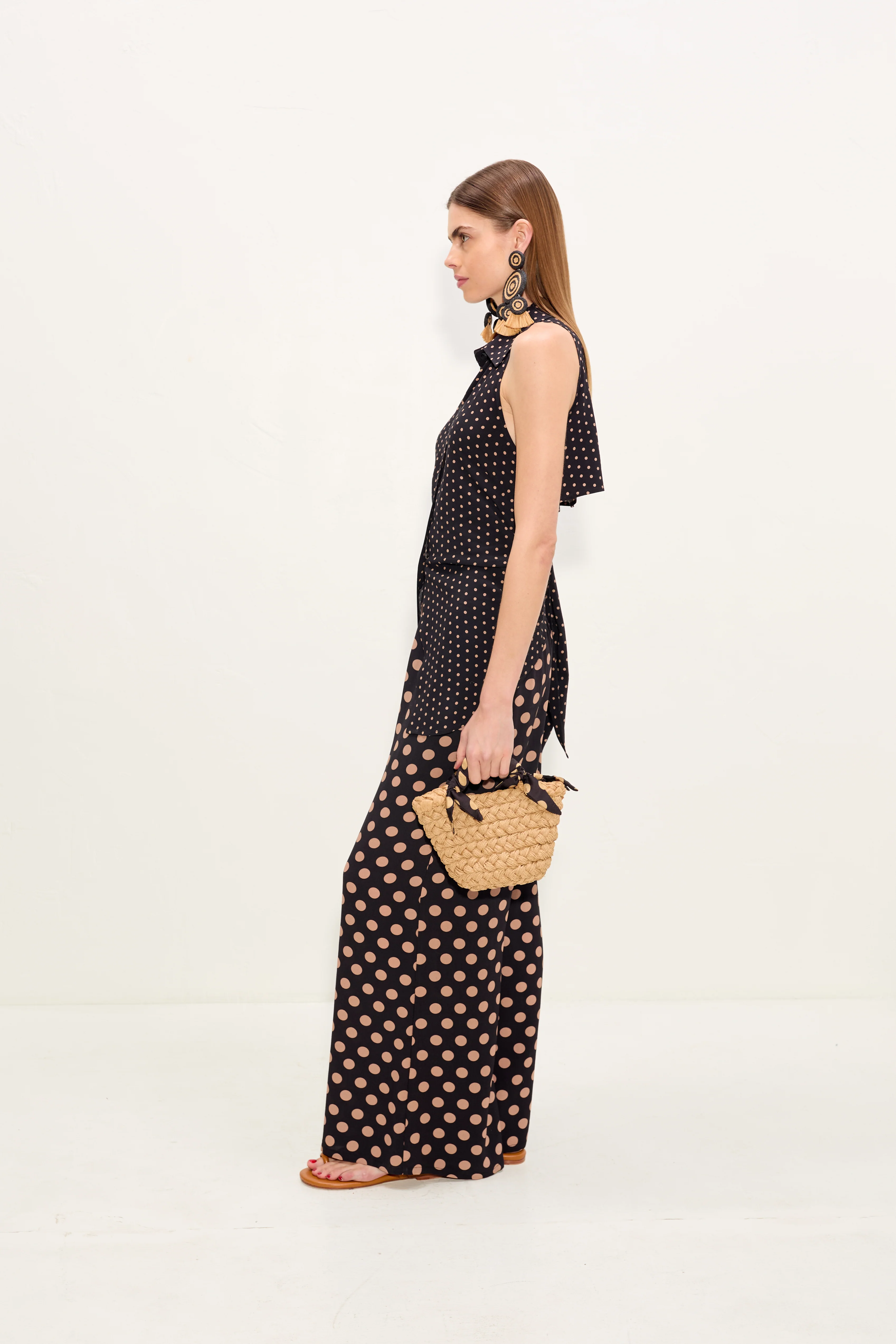 Loch Sleeveless Crepe Button Up In Black/Tan Polka Dot - Image 3