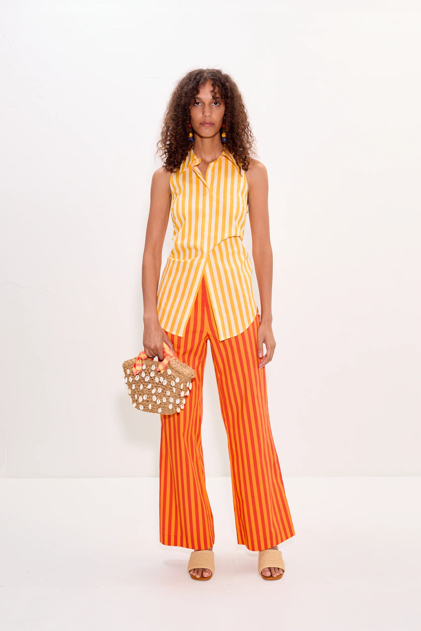 Loch Sleeveless Poplin Button Up in Sungold/Ecru Stripe - Image 3