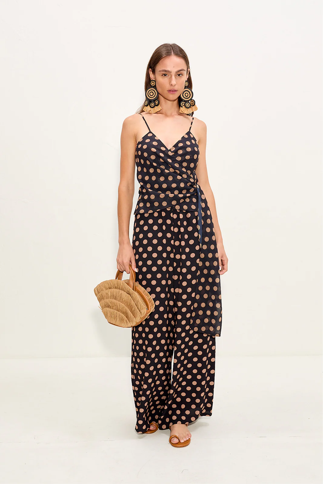Marlowe Chiffon Tie Tank In Black/Tan Polka Dot - Image 5