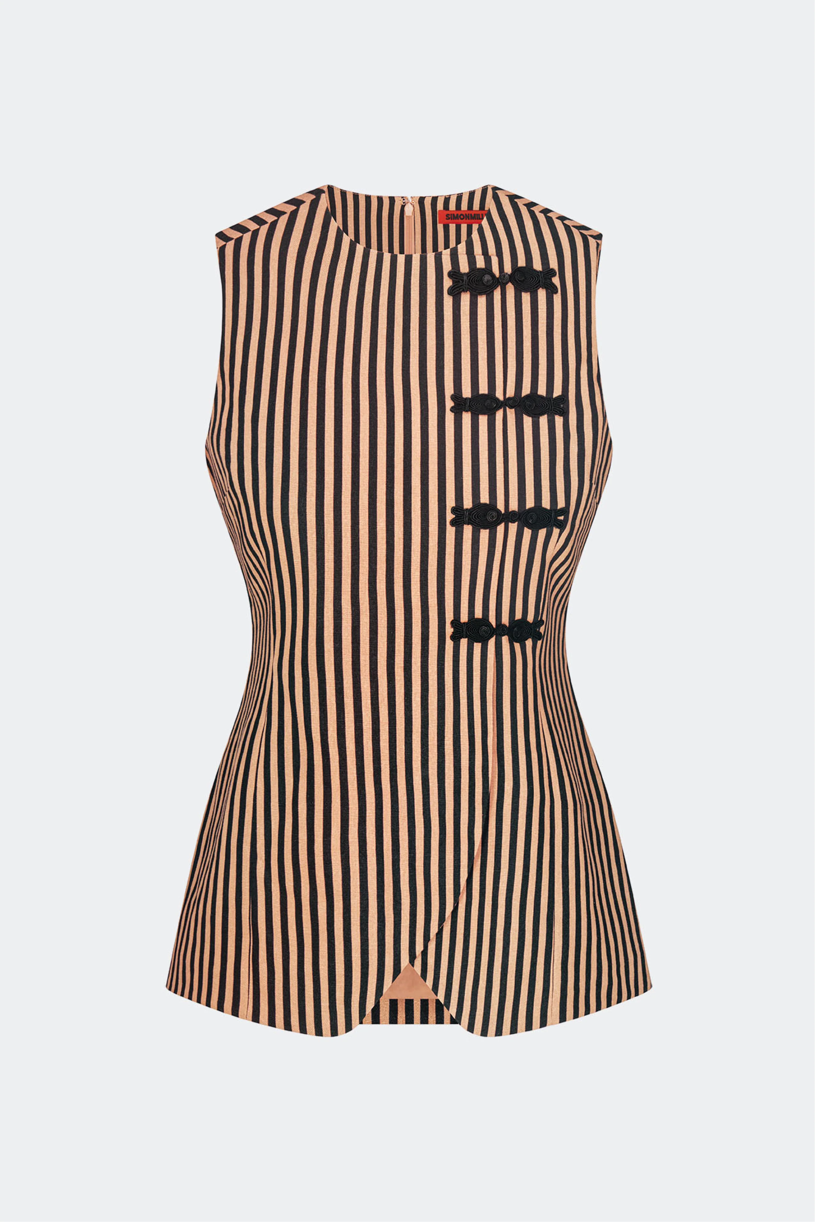 Mavis Linen Top In Black/Tan Stripe - Image 2