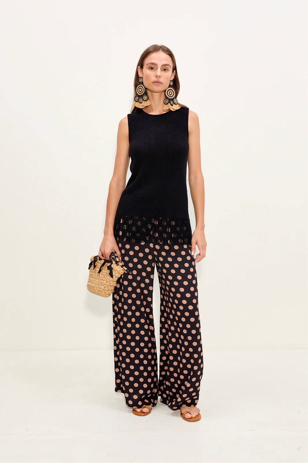 Nella Crepe Wide Leg Pant In Black/Tan Polka Dot