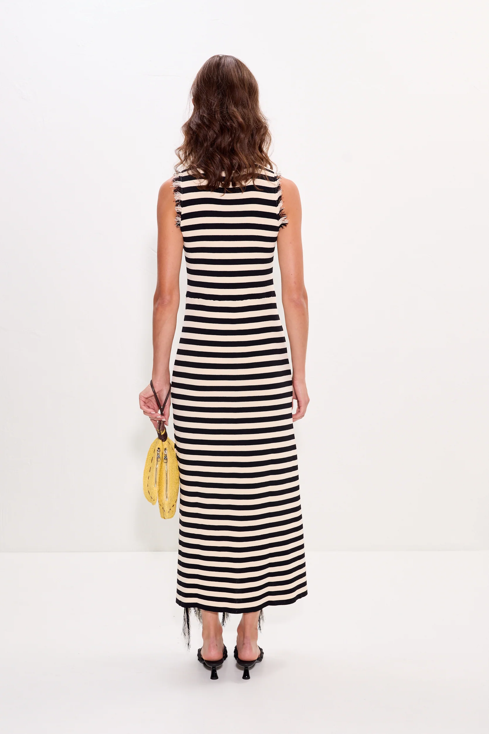 Sabine Fringe Knit Dress in Black/White Stripe - Image 4