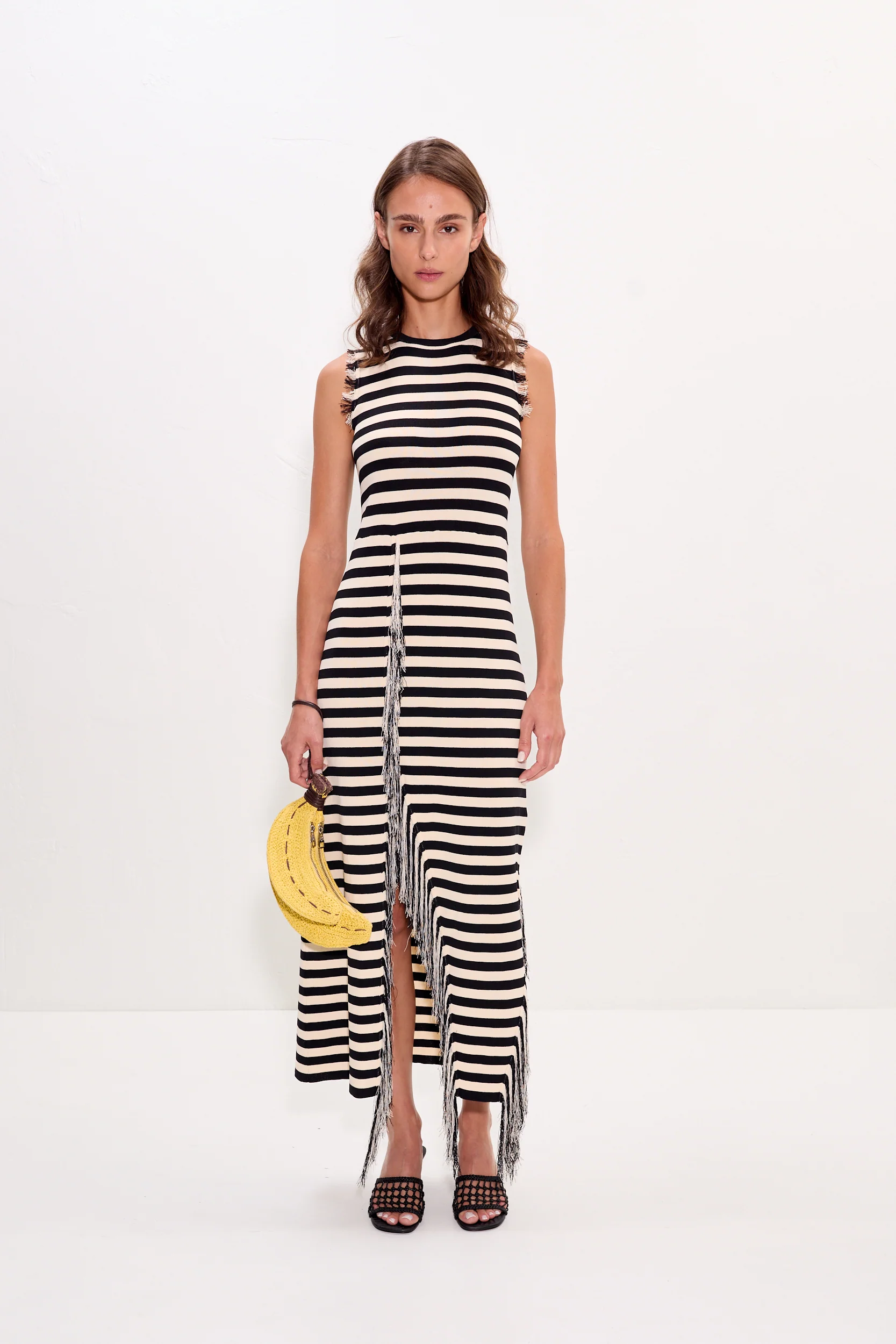 Sabine Fringe Knit Dress in Black/White Stripe - Image 5