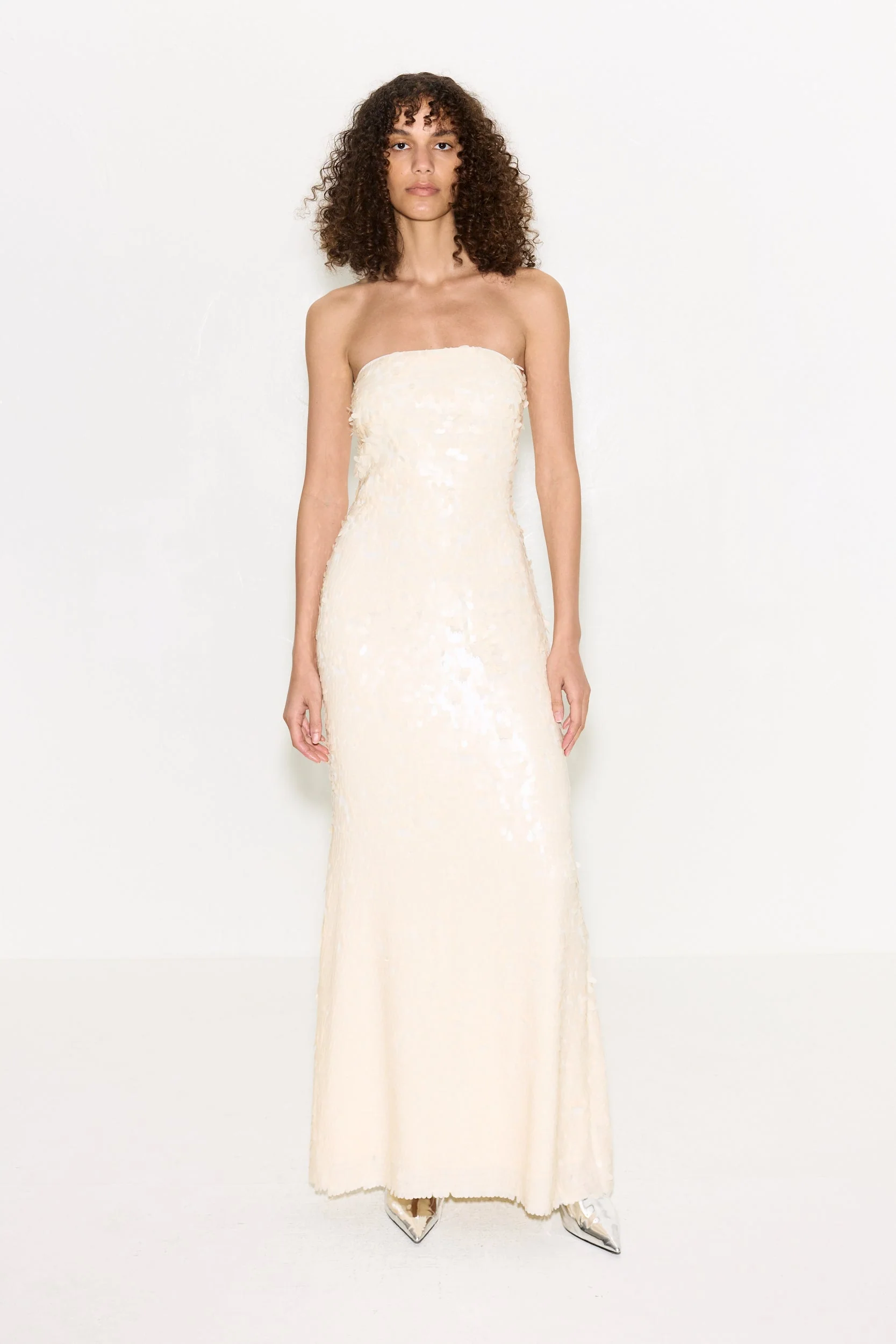 Sculpty Strapless Sequin Dress In Bone - Image 3