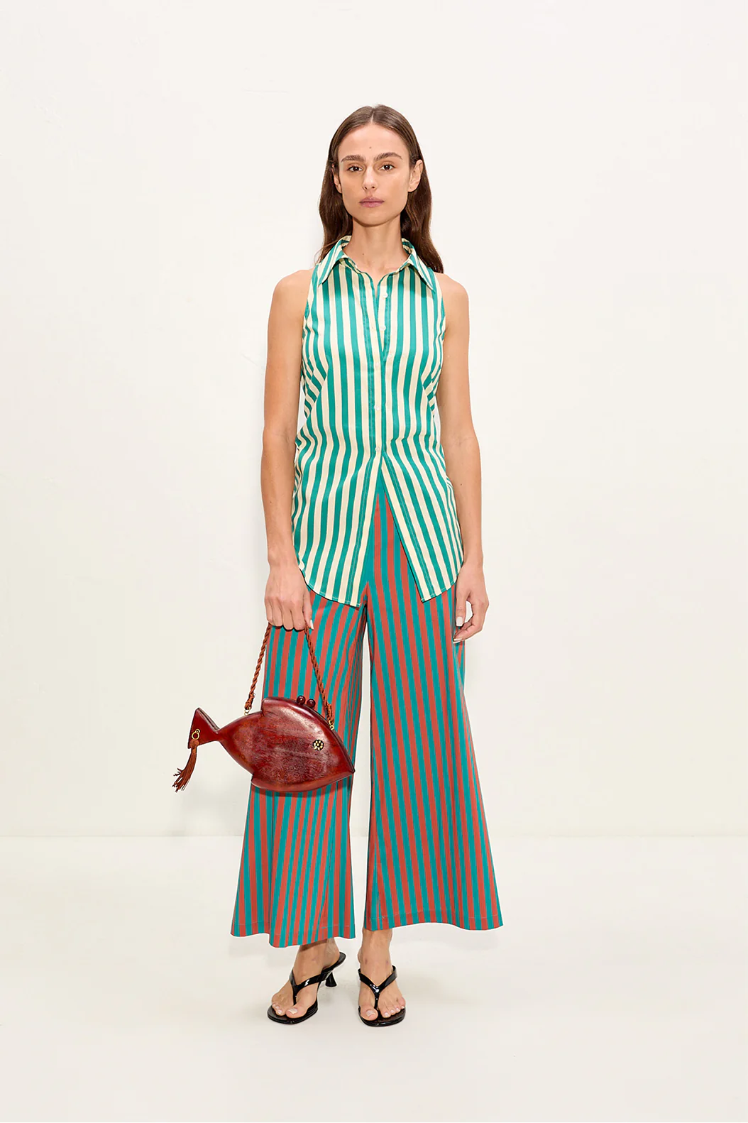Toni Poplin Pant In Teal/Brick Stripe - Image 2