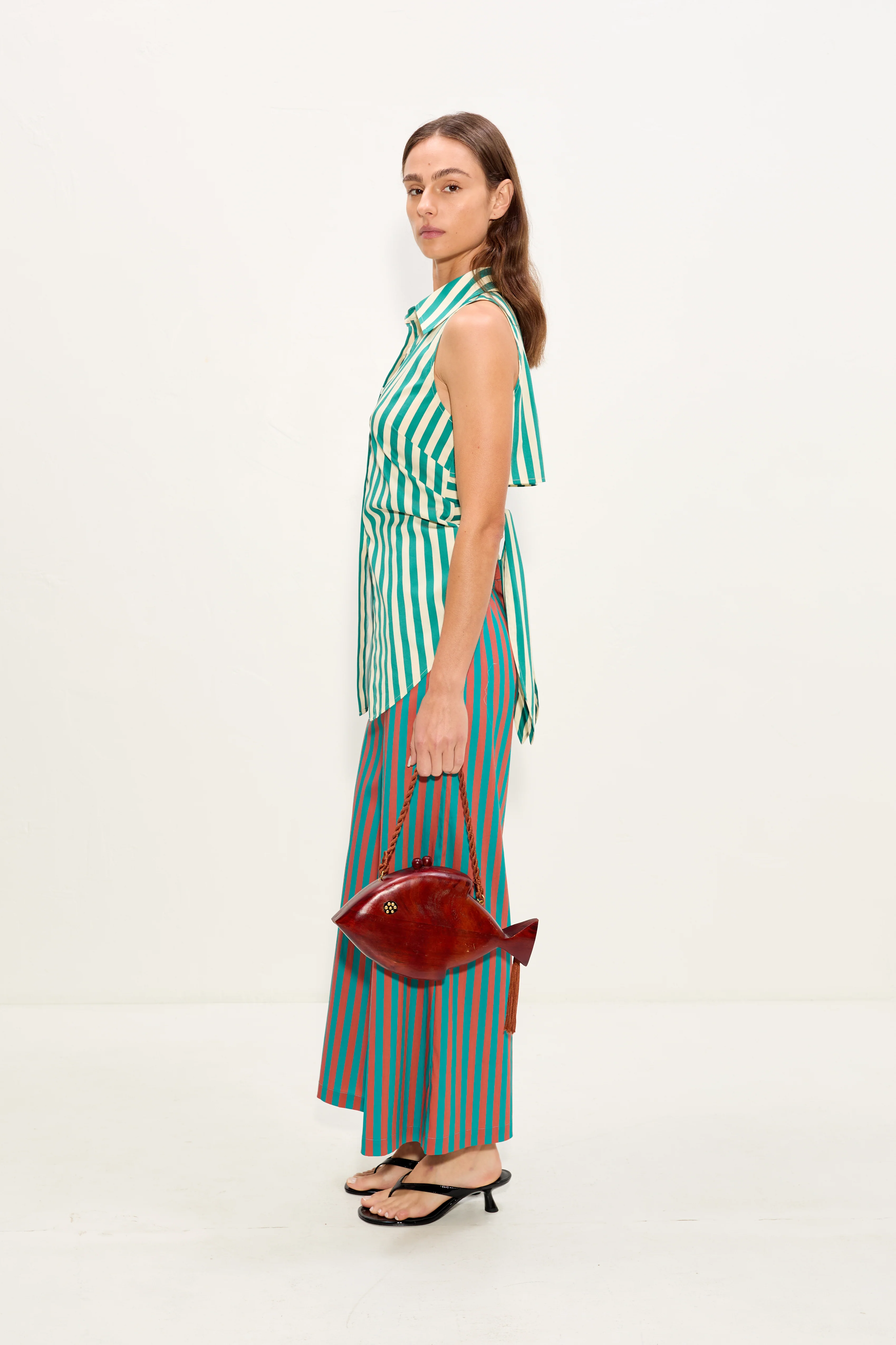 Toni Poplin Pant In Teal/Brick Stripe - Image 3