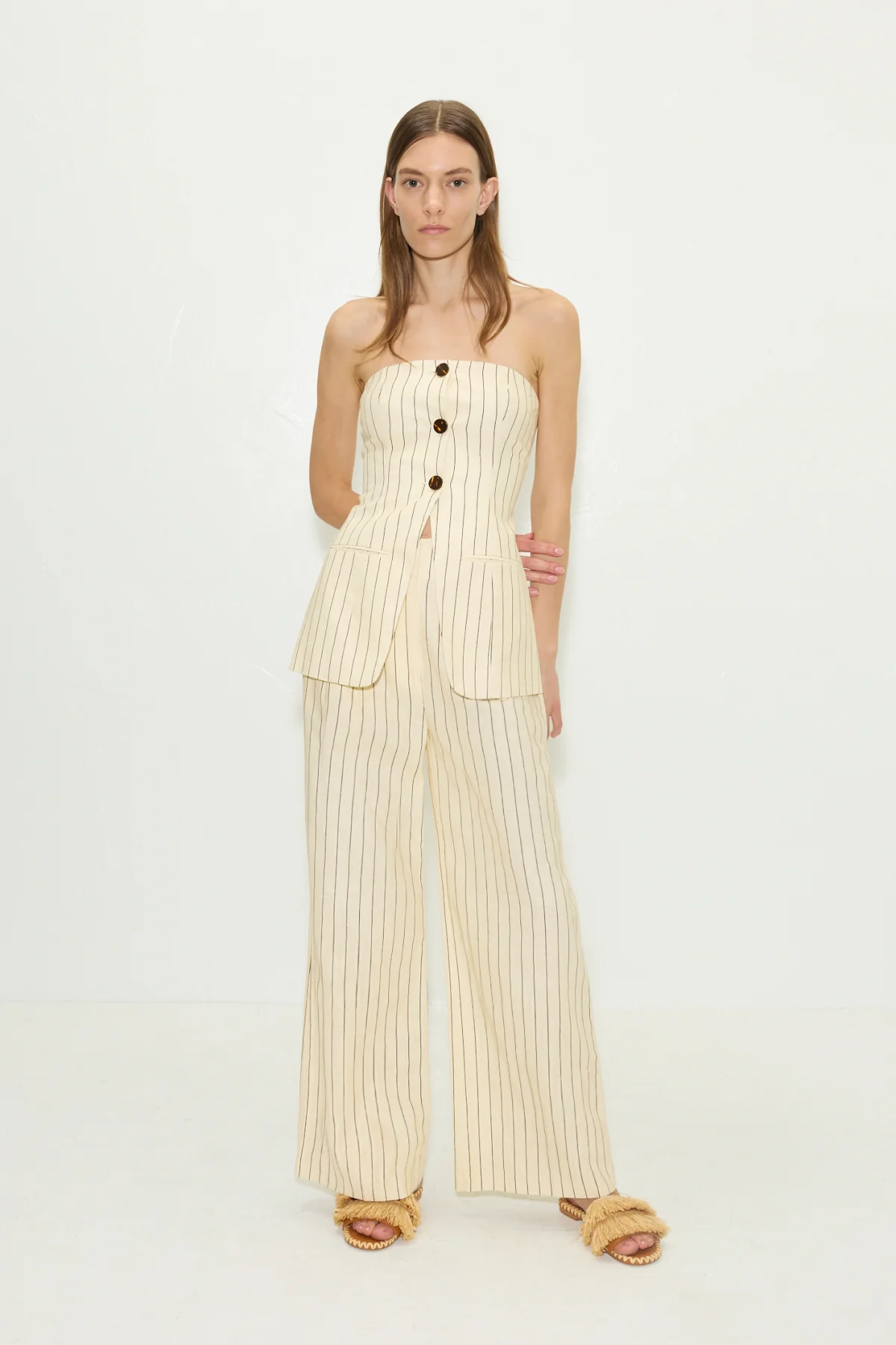 Mori Strapless Linen Top in Cream Pinstripe - Image 3